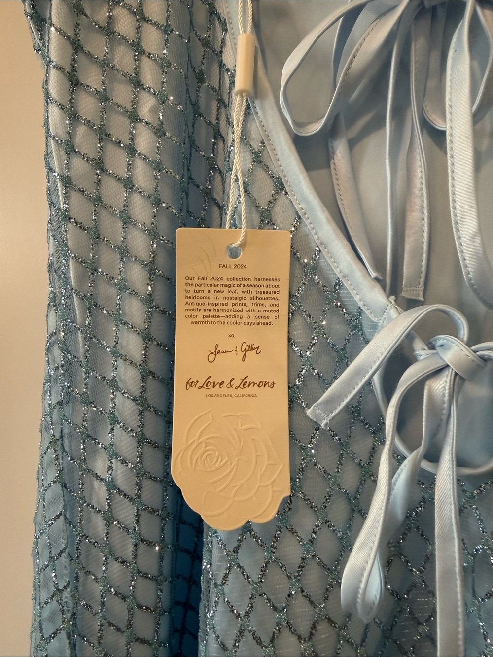 NWT For Love & Lemons Blue Glitter Mesh Mini Slip Dress Rhinestone Fishnet - Picture 7 of 8